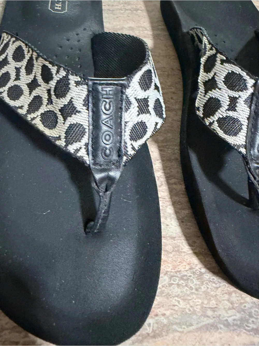 Coach Jessalyn Black Signature Canvas Thong Sandals with White Logo Print